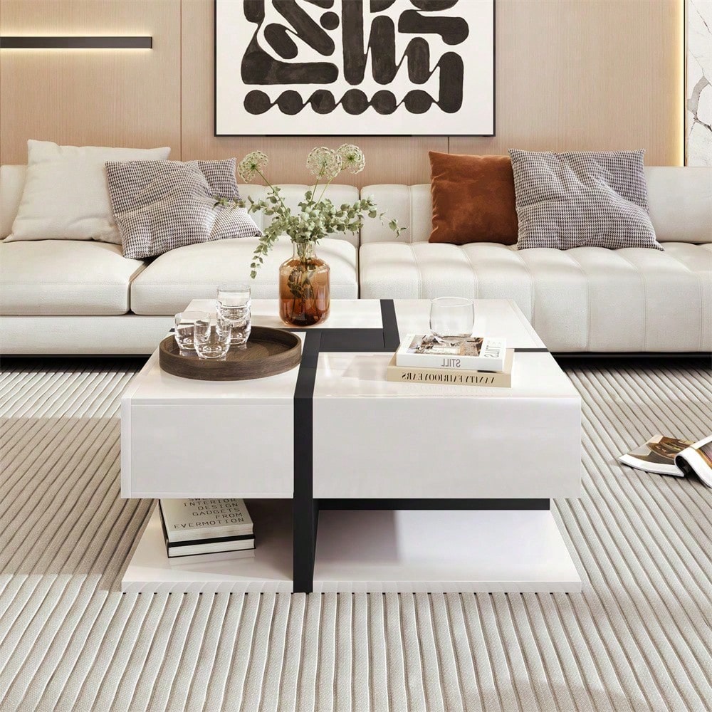 Hochglanz-Couchtisch, Tisch mit 4 Schubladen, einzigartige Farbabstimmung und Liniendesign, Stauraum unten. 78*78*36cm