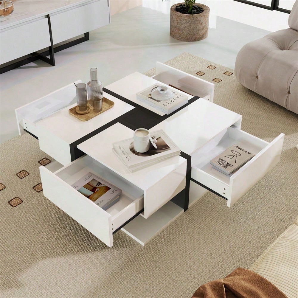 Hochglanz-Couchtisch, Tisch mit 4 Schubladen, einzigartige Farbabstimmung und Liniendesign, Stauraum unten. 78*78*36cm