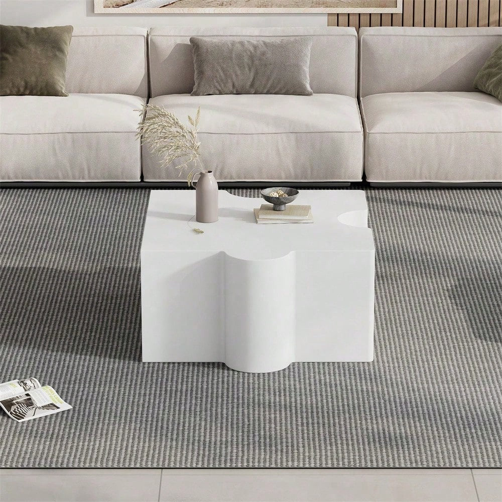 Einzigartiger kaltweißer Couchtisch mit Puzzlemuster (65*65*32cm), Sofatisch mit MDF-Polsterung, Wohnzimmertisch, abstrakte Kunst für Ihren Wohnraum