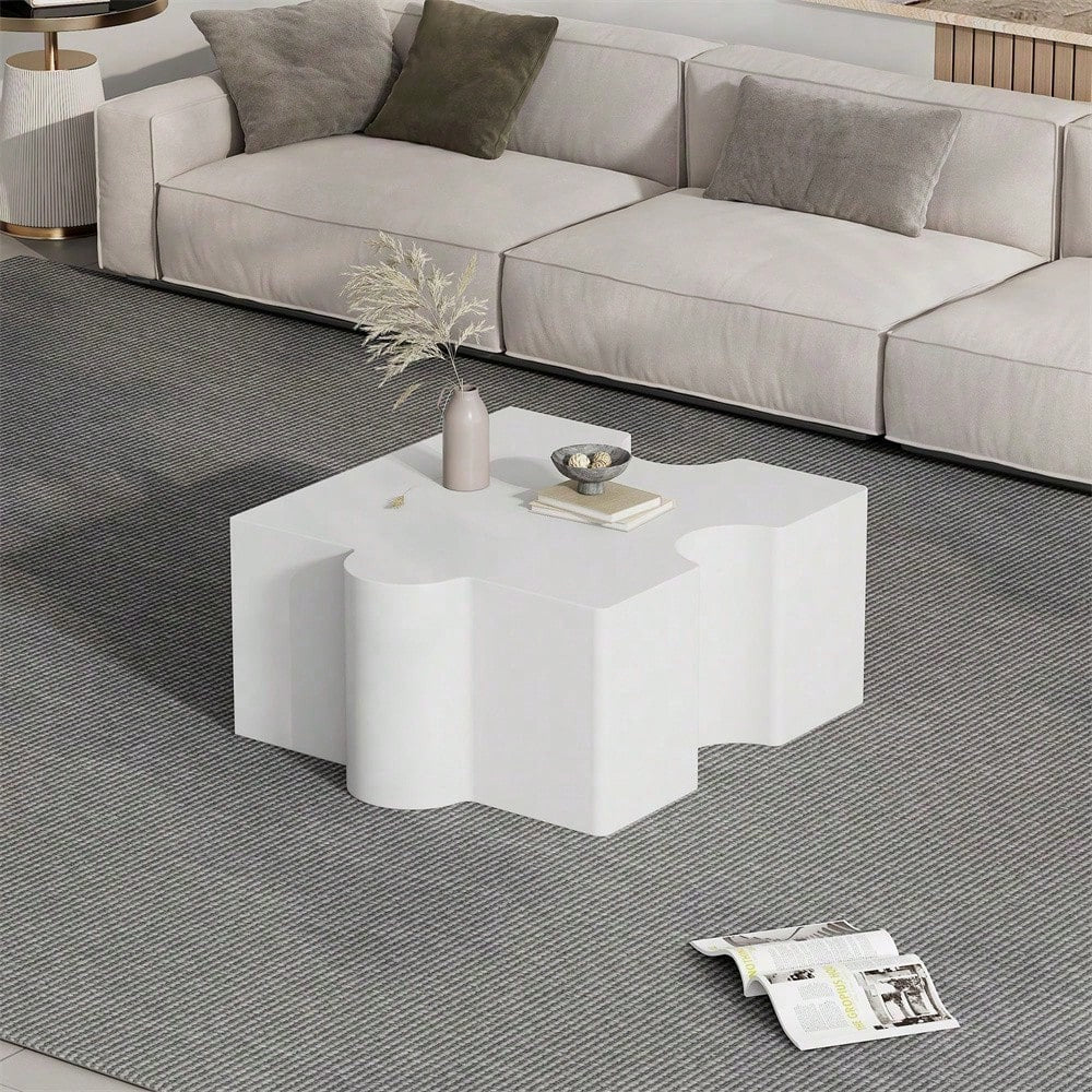 Einzigartiger kaltweißer Couchtisch mit Puzzlemuster (65*65*32cm), Sofatisch mit MDF-Polsterung, Wohnzimmertisch, abstrakte Kunst für Ihren Wohnraum