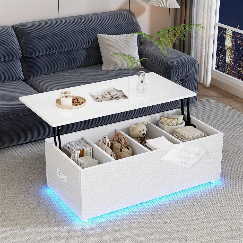 Moderner weißer Hochglanz-Couchtisch mit LED-Beleuchtung und verstecktem Stauraum - Beistelltisch mit hydraulischem Hub, 100*50*35 cm, 40 kg belastbar