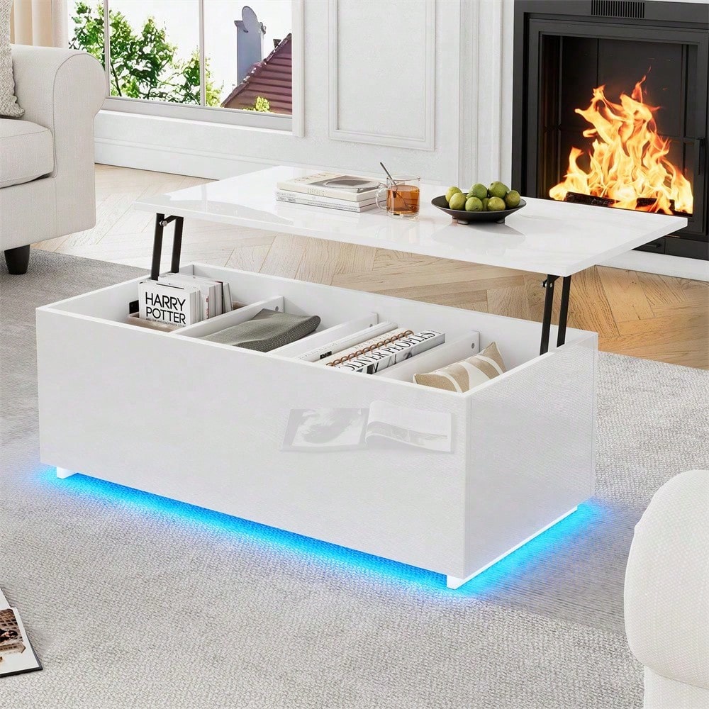 Moderner weißer Hochglanz-Couchtisch mit LED-Beleuchtung und verstecktem Stauraum - Beistelltisch mit hydraulischem Hub, 100*50*35 cm, 40 kg belastbar