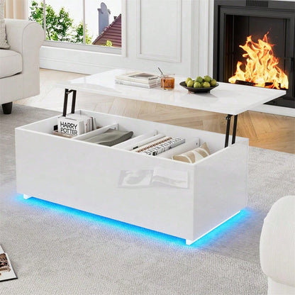Moderner weißer Hochglanz-Couchtisch mit LED-Beleuchtung und verstecktem Stauraum - Beistelltisch mit hydraulischem Hub, 100*50*35 cm, 40 kg belastbar