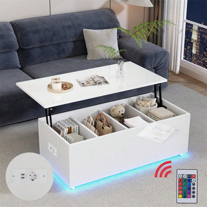 Moderner weißer Hochglanz-Couchtisch mit LED-Beleuchtung und verstecktem Stauraum - Beistelltisch mit hydraulischem Hub, 100*50*35 cm, 40 kg belastbar