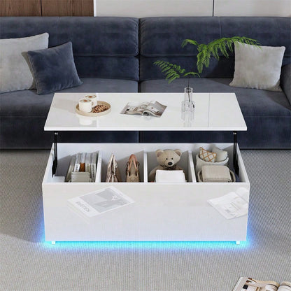 Moderner weißer Hochglanz-Couchtisch mit LED-Beleuchtung und verstecktem Stauraum - Beistelltisch mit hydraulischem Hub, 100*50*35 cm, 40 kg belastbar