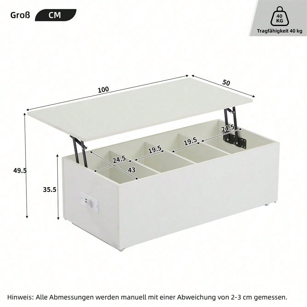 Moderner weißer Hochglanz-Couchtisch mit LED-Beleuchtung und verstecktem Stauraum - Beistelltisch mit hydraulischem Hub, 100*50*35 cm, 40 kg belastbar