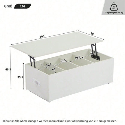 Moderner weißer Hochglanz-Couchtisch mit LED-Beleuchtung und verstecktem Stauraum - Beistelltisch mit hydraulischem Hub, 100*50*35 cm, 40 kg belastbar