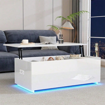 Moderner weißer Hochglanz-Couchtisch mit LED-Beleuchtung und verstecktem Stauraum - Beistelltisch mit hydraulischem Hub, 100*50*35 cm, 40 kg belastbar