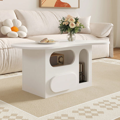 Couchtisch mit Schubladen, wolkenförmiger Couchtisch mit offenen Ablagefächern, hochwertige Materialien. 97*45*43,5cm