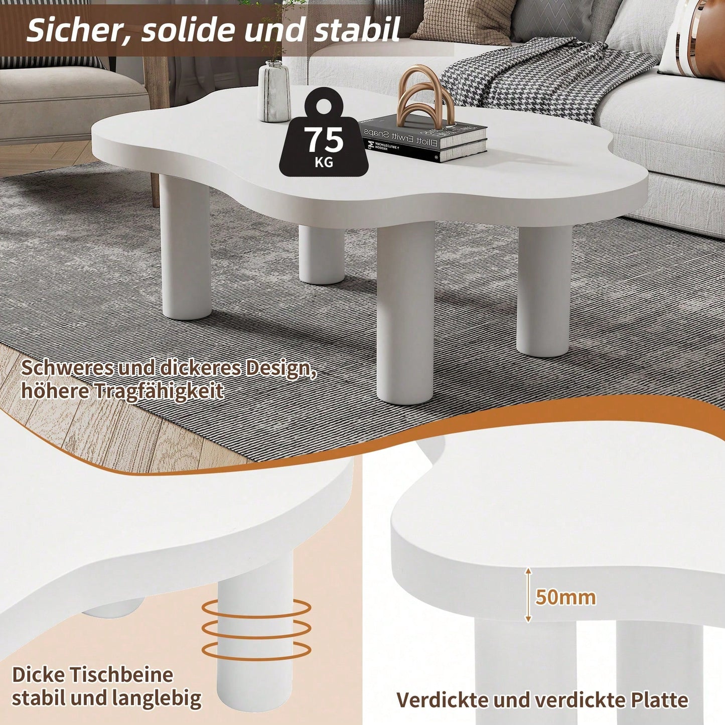 Wolken-Couchtisch, weißer Couchtisch für das Wohnzimmer, unregelmäßiger Cartoon-Couchtisch für den Innenbereich, moderner dreibeiniger Beistelltisch (weiß)