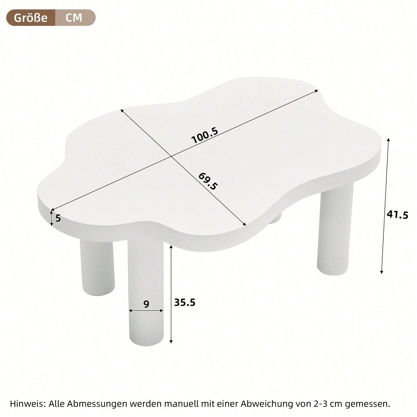 Wolken-Couchtisch, weißer Couchtisch für das Wohnzimmer, unregelmäßiger Cartoon-Couchtisch für den Innenbereich, moderner dreibeiniger Beistelltisch (weiß)