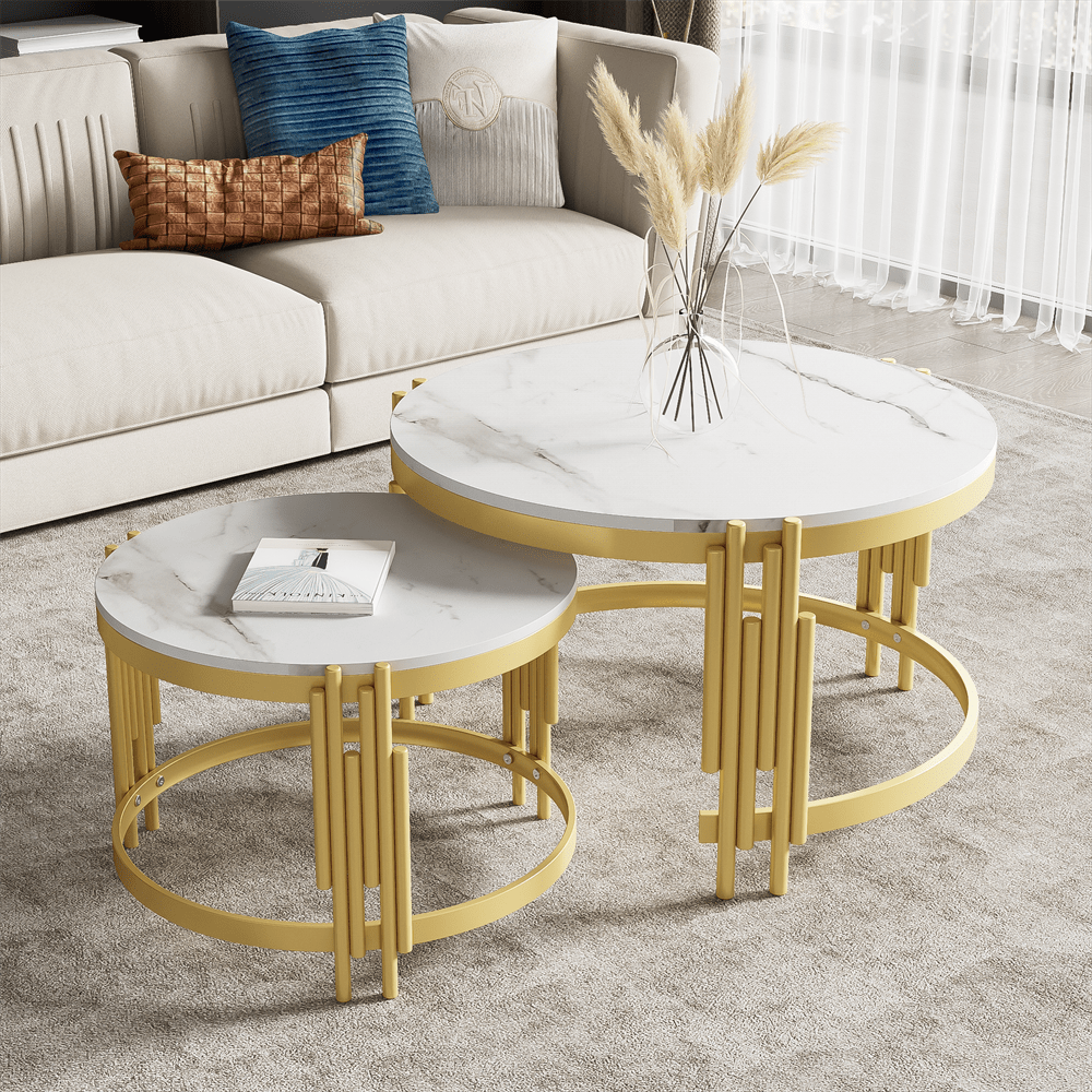 Moduliertes Couchtisch-Set, Marmoroptik, goldener Metallrahmen, runde Tische in zwei Größen