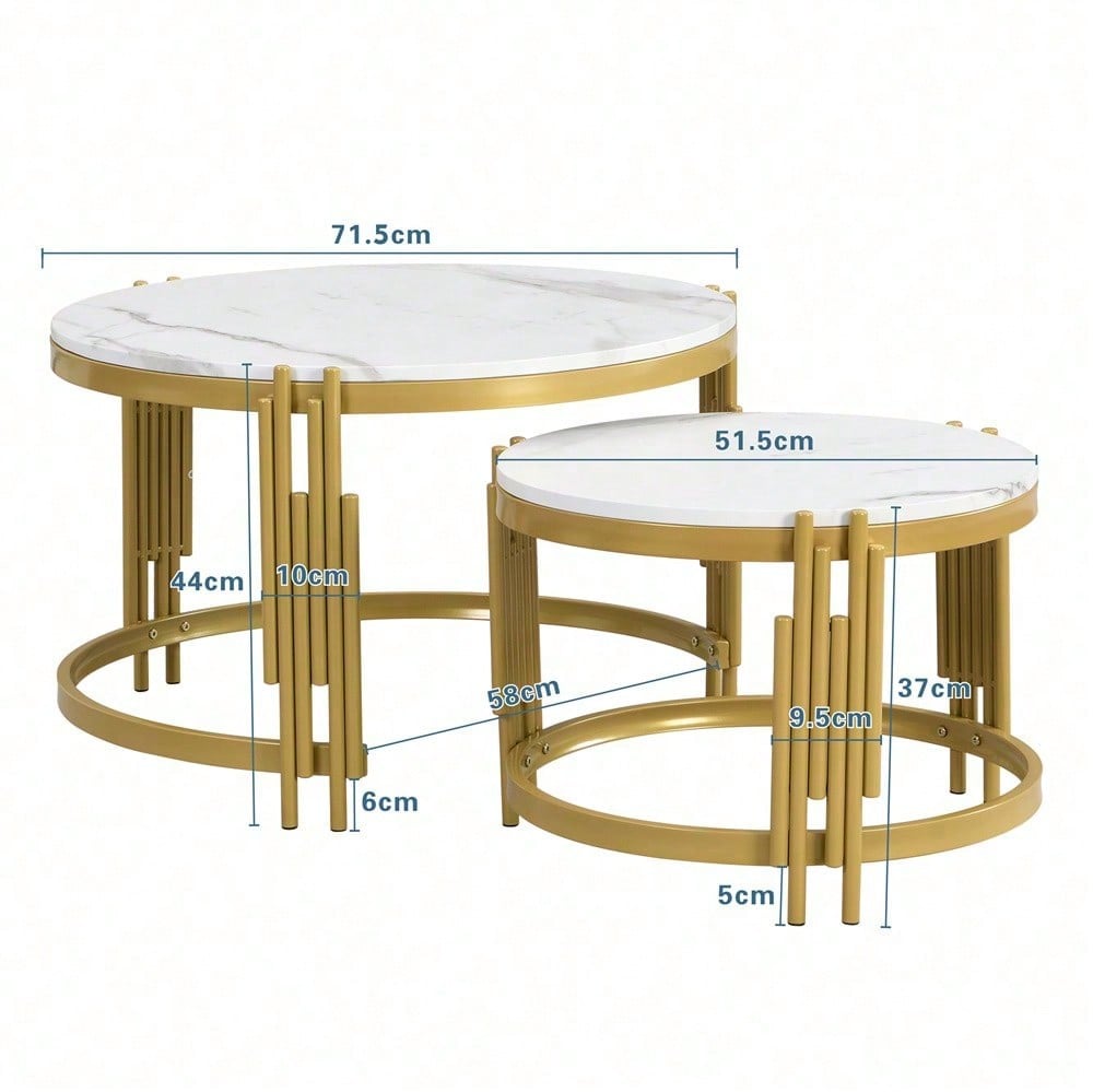 Moduliertes Couchtisch-Set, Marmoroptik, goldener Metallrahmen, runde Tische in zwei Größen