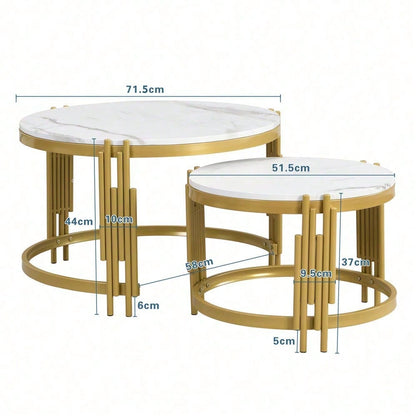 Moduliertes Couchtisch-Set, Marmoroptik, goldener Metallrahmen, runde Tische in zwei Größen