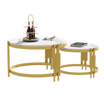 Moduliertes Couchtisch-Set, Marmoroptik, goldener Metallrahmen, runde Tische in zwei Größen