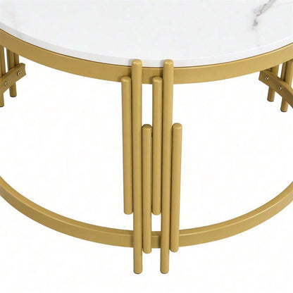 Moduliertes Couchtisch-Set, Marmoroptik, goldener Metallrahmen, runde Tische in zwei Größen