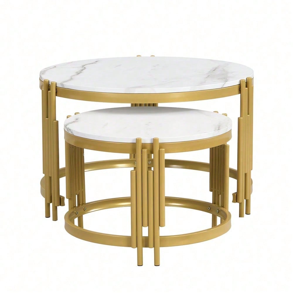 Moduliertes Couchtisch-Set, Marmoroptik, goldener Metallrahmen, runde Tische in zwei Größen