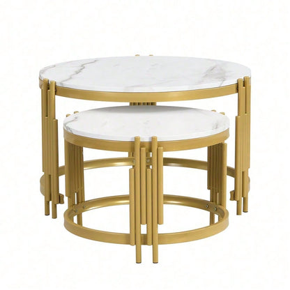 Moduliertes Couchtisch-Set, Marmoroptik, goldener Metallrahmen, runde Tische in zwei Größen