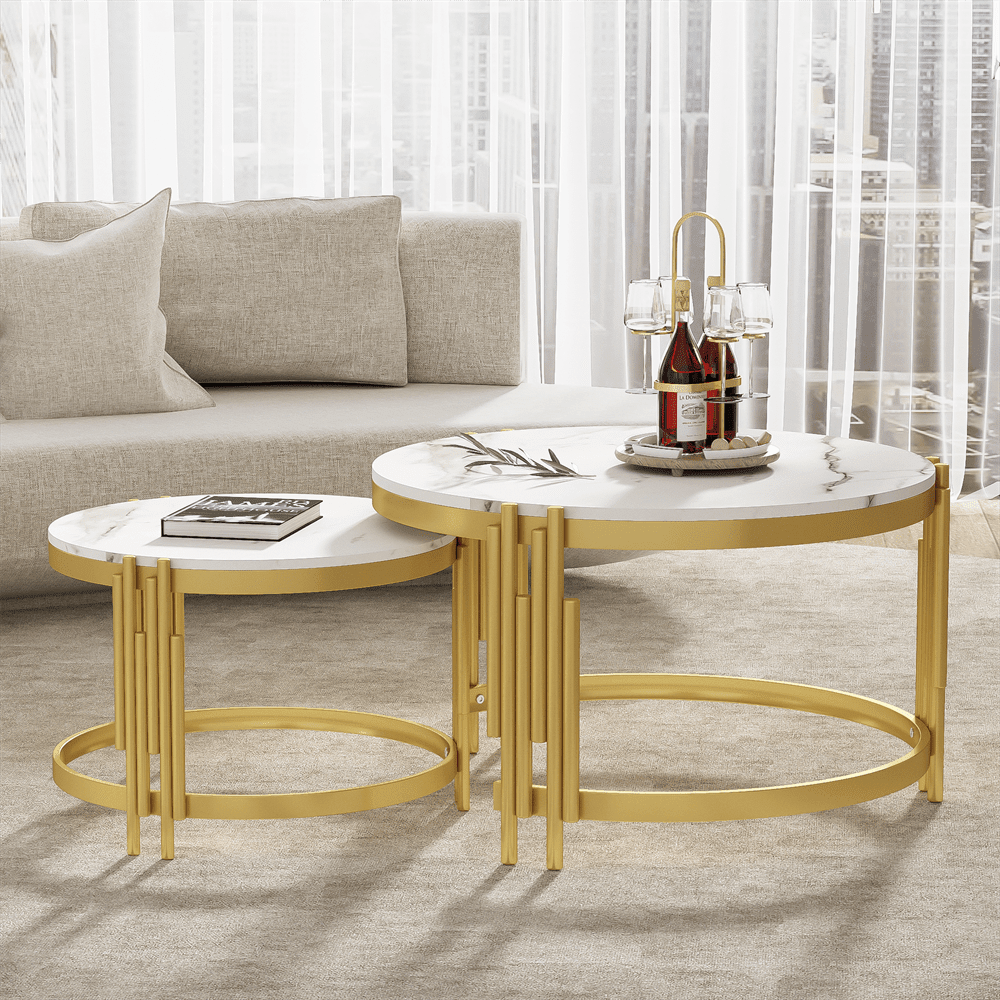 Moduliertes Couchtisch-Set, Marmoroptik, goldener Metallrahmen, runde Tische in zwei Größen