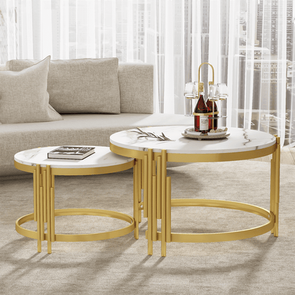 Moduliertes Couchtisch-Set, Marmoroptik, goldener Metallrahmen, runde Tische in zwei Größen