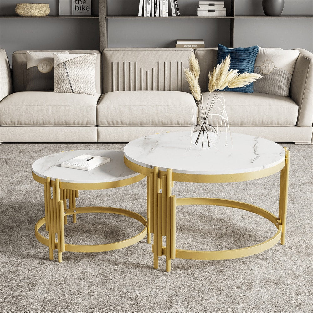 Moduliertes Couchtisch-Set, Marmoroptik, goldener Metallrahmen, runde Tische in zwei Größen
