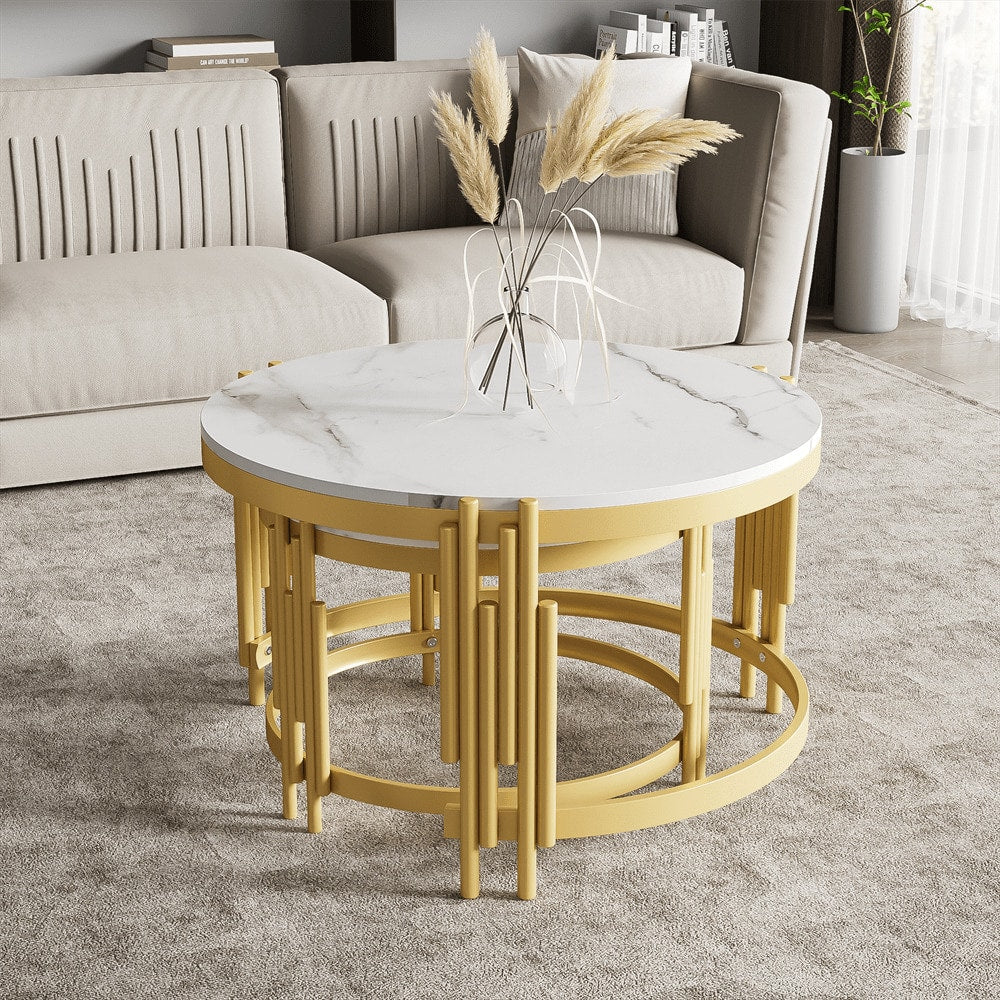 Moduliertes Couchtisch-Set, Marmoroptik, goldener Metallrahmen, runde Tische in zwei Größen