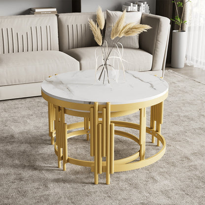 Moduliertes Couchtisch-Set, Marmoroptik, goldener Metallrahmen, runde Tische in zwei Größen