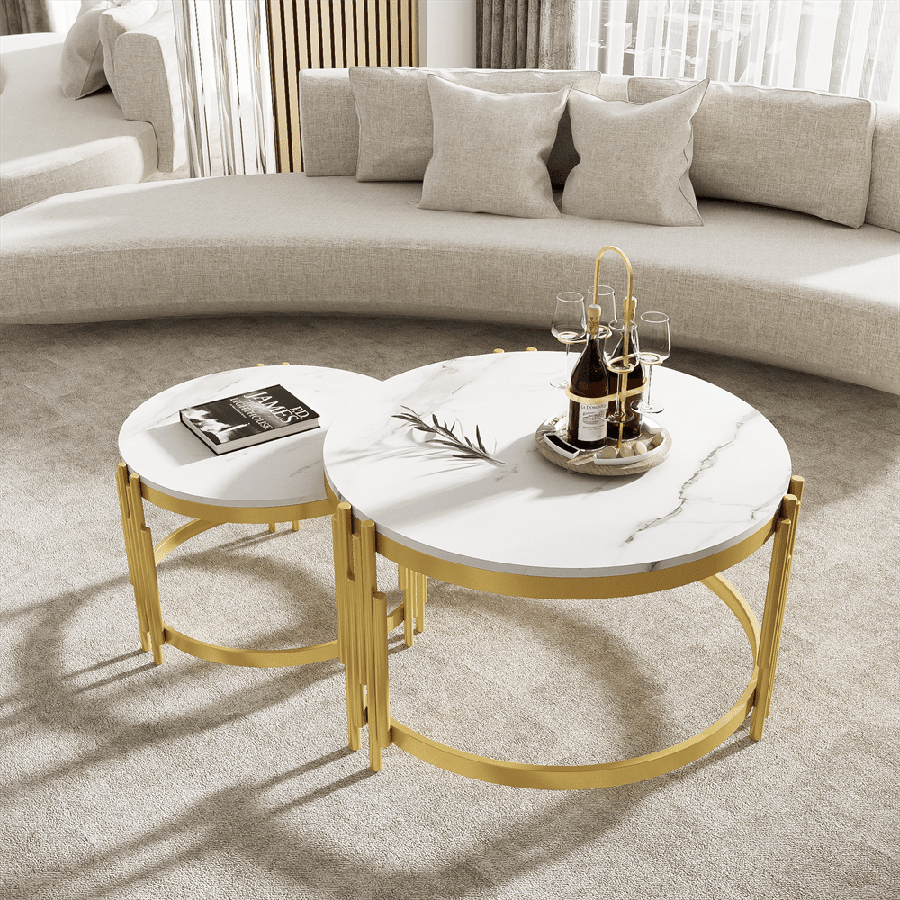 Moduliertes Couchtisch-Set, Marmoroptik, goldener Metallrahmen, runde Tische in zwei Größen