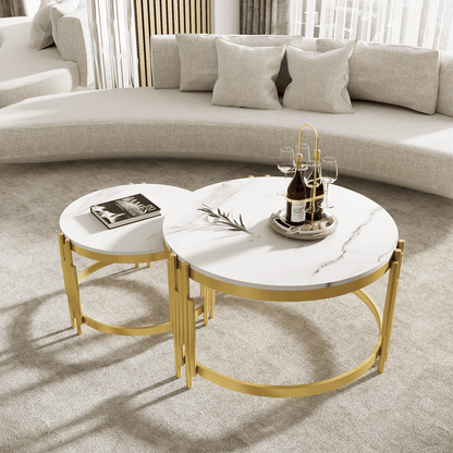 Moduliertes Couchtisch-Set, Marmoroptik, goldener Metallrahmen, runde Tische in zwei Größen