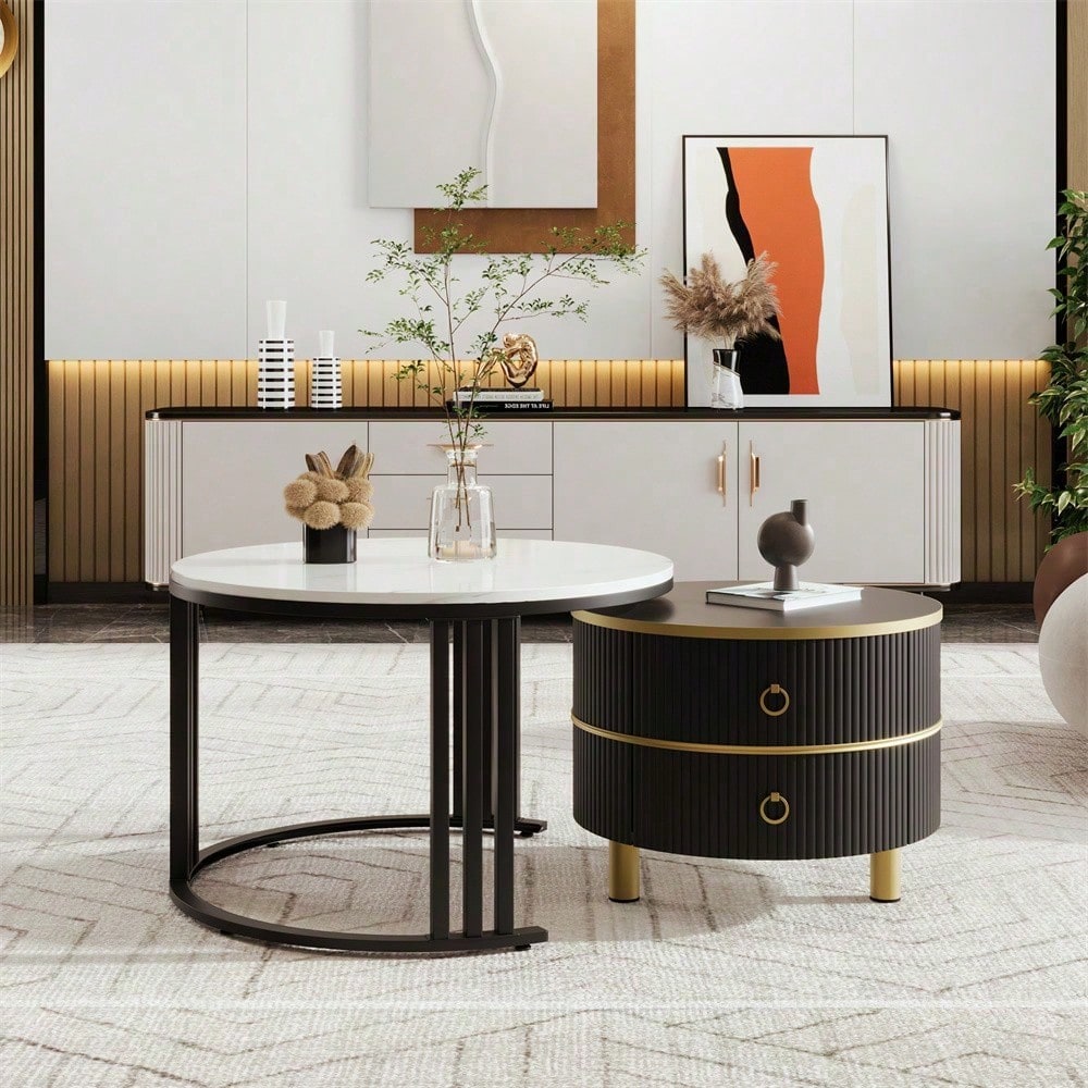 2-in-1 runder MDF-Couchtisch, Beistelltisch mit glänzender Platte und 1 weißer Marmorplatte, Wohnzimmer-Couchtischkombination mit 2 Schubladen, 70*70*46 + 50*50*40 cm