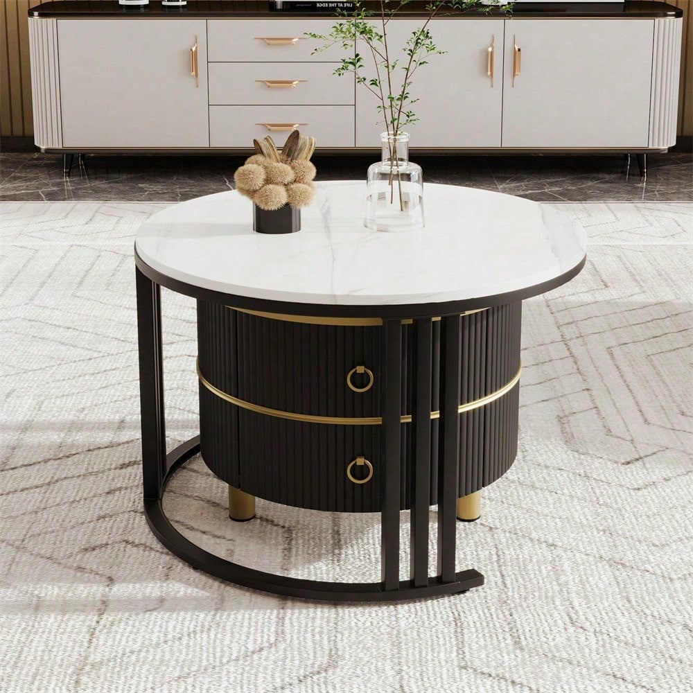 2-in-1 runder MDF-Couchtisch, Beistelltisch mit glänzender Platte und 1 weißer Marmorplatte, Wohnzimmer-Couchtischkombination mit 2 Schubladen, 70*70*46 + 50*50*40 cm