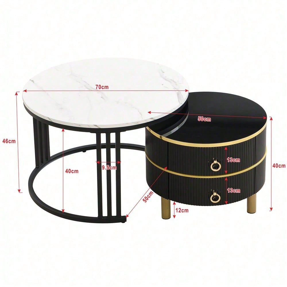 2-in-1 runder MDF-Couchtisch, Beistelltisch mit glänzender Platte und 1 weißer Marmorplatte, Wohnzimmer-Couchtischkombination mit 2 Schubladen, 70*70*46 + 50*50*40 cm