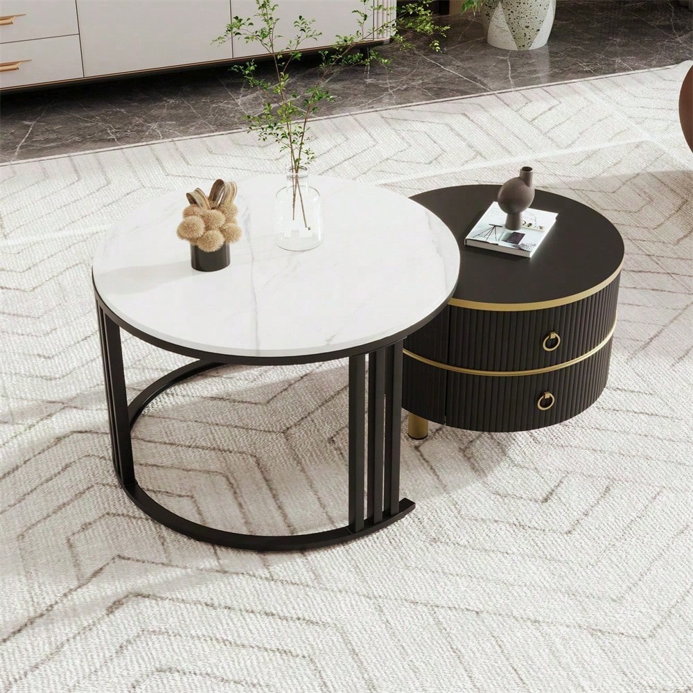 2-in-1 runder MDF-Couchtisch, Beistelltisch mit glänzender Platte und 1 weißer Marmorplatte, Wohnzimmer-Couchtischkombination mit 2 Schubladen, 70*70*46 + 50*50*40 cm