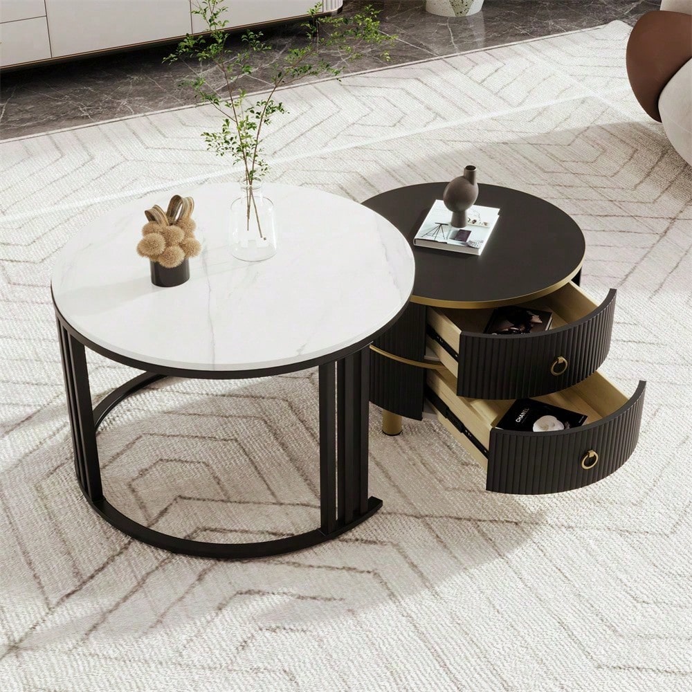 2-in-1 runder MDF-Couchtisch, Beistelltisch mit glänzender Platte und 1 weißer Marmorplatte, Wohnzimmer-Couchtischkombination mit 2 Schubladen, 70*70*46 + 50*50*40 cm