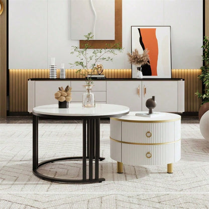 2-in-1 runder MDF-Couchtisch, Beistelltisch mit glänzender Platte und 1 weißer Marmorplatte, Wohnzimmer-Couchtischkombination mit 2 Schubladen, 70*70*46 + 50*50*40 cm
