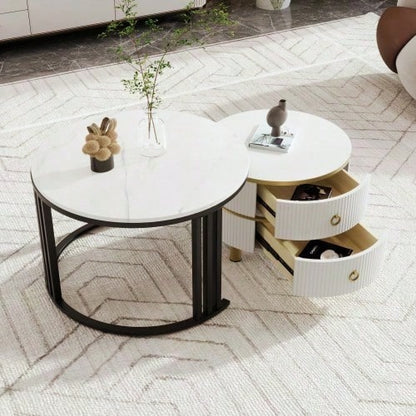 2-in-1 runder MDF-Couchtisch, Beistelltisch mit glänzender Platte und 1 weißer Marmorplatte, Wohnzimmer-Couchtischkombination mit 2 Schubladen, 70*70*46 + 50*50*40 cm