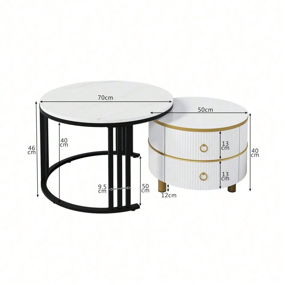 2-in-1 runder MDF-Couchtisch, Beistelltisch mit glänzender Platte und 1 weißer Marmorplatte, Wohnzimmer-Couchtischkombination mit 2 Schubladen, 70*70*46 + 50*50*40 cm