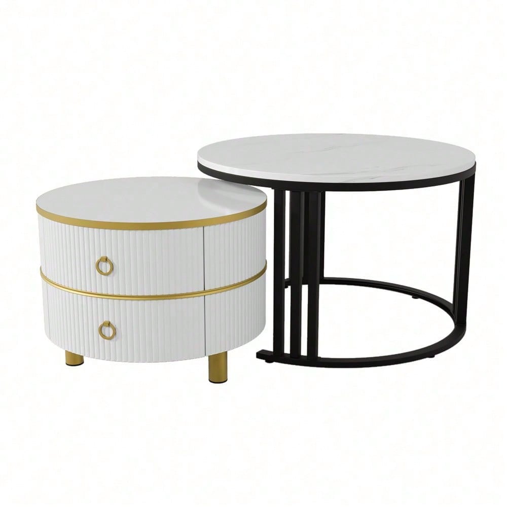 2-in-1 runder MDF-Couchtisch, Beistelltisch mit glänzender Platte und 1 weißer Marmorplatte, Wohnzimmer-Couchtischkombination mit 2 Schubladen, 70*70*46 + 50*50*40 cm