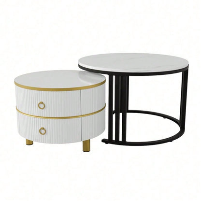 2-in-1 runder MDF-Couchtisch, Beistelltisch mit glänzender Platte und 1 weißer Marmorplatte, Wohnzimmer-Couchtischkombination mit 2 Schubladen, 70*70*46 + 50*50*40 cm