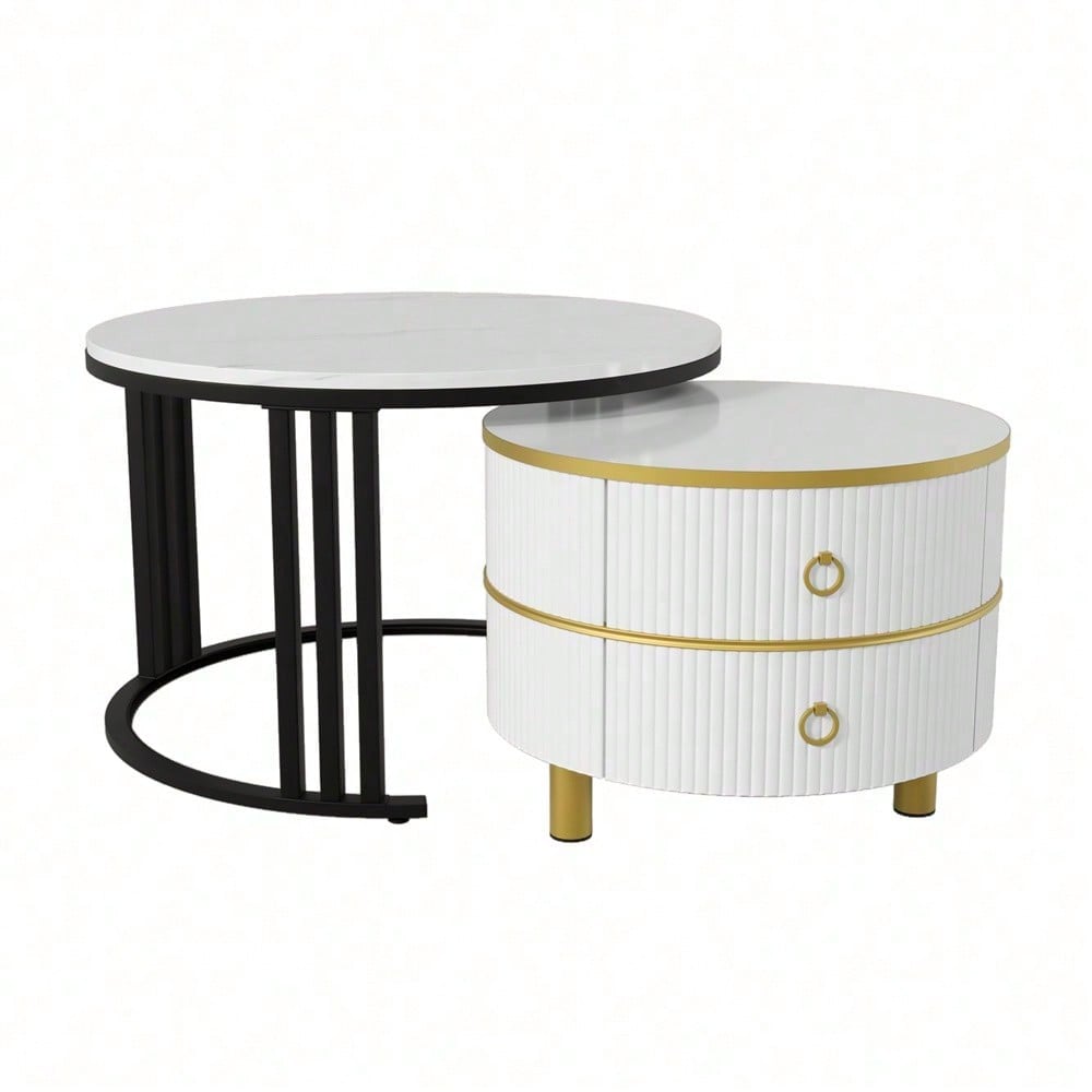 2-in-1 runder MDF-Couchtisch, Beistelltisch mit glänzender Platte und 1 weißer Marmorplatte, Wohnzimmer-Couchtischkombination mit 2 Schubladen, 70*70*46 + 50*50*40 cm