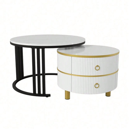 2-in-1 runder MDF-Couchtisch, Beistelltisch mit glänzender Platte und 1 weißer Marmorplatte, Wohnzimmer-Couchtischkombination mit 2 Schubladen, 70*70*46 + 50*50*40 cm