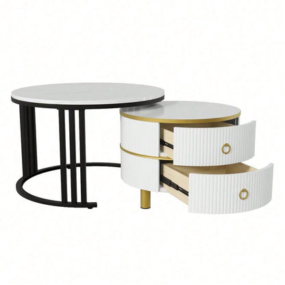 2-in-1 runder MDF-Couchtisch, Beistelltisch mit glänzender Platte und 1 weißer Marmorplatte, Wohnzimmer-Couchtischkombination mit 2 Schubladen, 70*70*46 + 50*50*40 cm