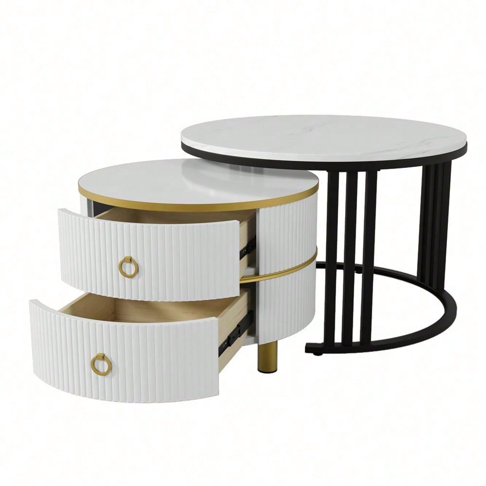 2-in-1 runder MDF-Couchtisch, Beistelltisch mit glänzender Platte und 1 weißer Marmorplatte, Wohnzimmer-Couchtischkombination mit 2 Schubladen, 70*70*46 + 50*50*40 cm