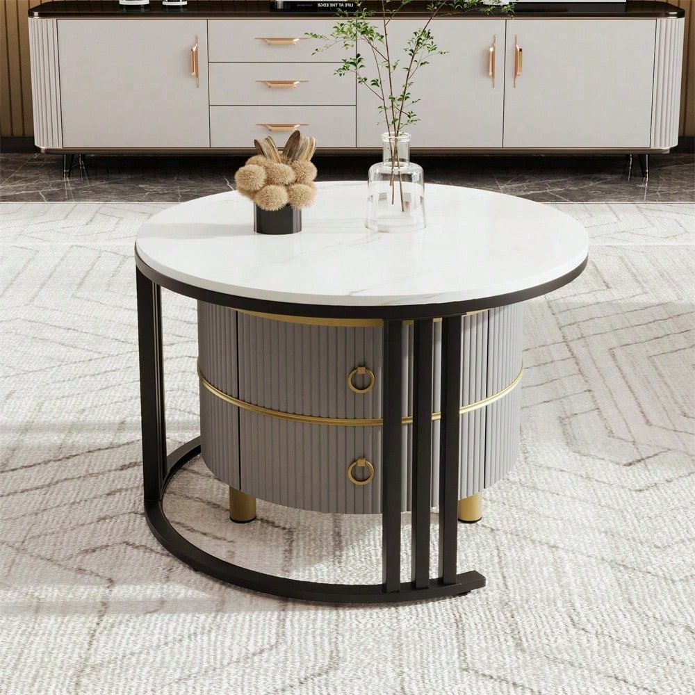 2-in-1 runder MDF-Couchtisch, Beistelltisch mit glänzender Platte und 1 weißer Marmorplatte, Wohnzimmer-Couchtischkombination mit 2 Schubladen, 70*70*46 + 50*50*40 cm