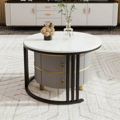 2-in-1 runder MDF-Couchtisch, Beistelltisch mit glänzender Platte und 1 weißer Marmorplatte, Wohnzimmer-Couchtischkombination mit 2 Schubladen, 70*70*46 + 50*50*40 cm