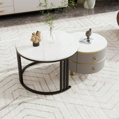 2-in-1 runder MDF-Couchtisch, Beistelltisch mit glänzender Platte und 1 weißer Marmorplatte, Wohnzimmer-Couchtischkombination mit 2 Schubladen, 70*70*46 + 50*50*40 cm