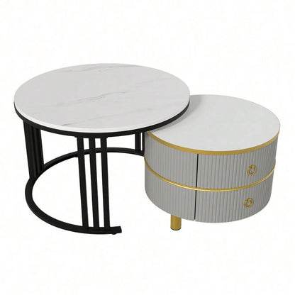 2-in-1 runder MDF-Couchtisch, Beistelltisch mit glänzender Platte und 1 weißer Marmorplatte, Wohnzimmer-Couchtischkombination mit 2 Schubladen, 70*70*46 + 50*50*40 cm