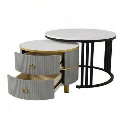 2-in-1 runder MDF-Couchtisch, Beistelltisch mit glänzender Platte und 1 weißer Marmorplatte, Wohnzimmer-Couchtischkombination mit 2 Schubladen, 70*70*46 + 50*50*40 cm