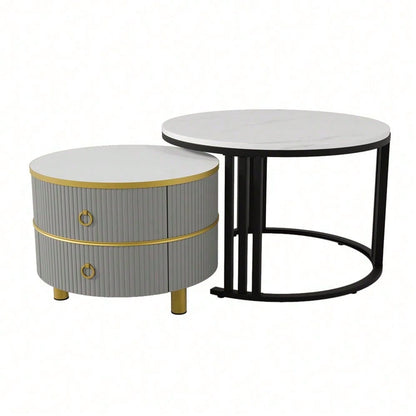 2-in-1 runder MDF-Couchtisch, Beistelltisch mit glänzender Platte und 1 weißer Marmorplatte, Wohnzimmer-Couchtischkombination mit 2 Schubladen, 70*70*46 + 50*50*40 cm