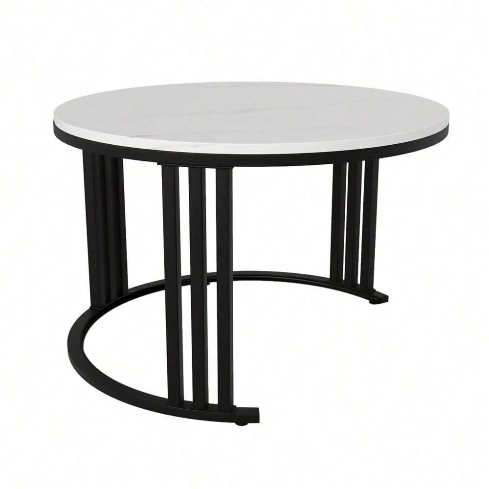 2-in-1 runder MDF-Couchtisch, Beistelltisch mit glänzender Platte und 1 weißer Marmorplatte, Wohnzimmer-Couchtischkombination mit 2 Schubladen, 70*70*46 + 50*50*40 cm